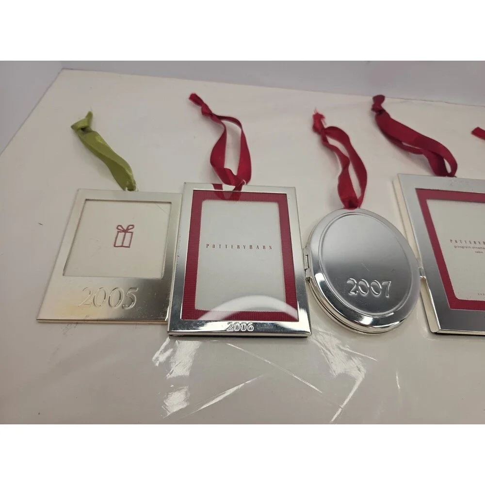 6 Pc Pottery Barn Silver Frame Ornament Lot 2005-2010 Mixed Ribbon Locket NEW